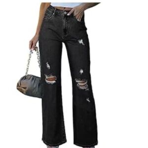New 16 Tall Women's Ripped High Waisted Flared Jeans Wide Leg Destroyed Denim
